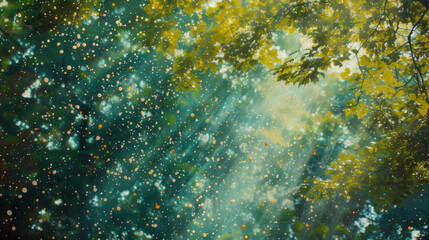 Fototapeta na wymiar A flurry of tiny translucent particles float and dance in the air emulating the playful rustling of leaves in a sundappled grove.