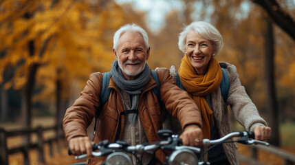 Obraz premium Joyful senior couple bikes in an autumn park, showcasing an active lifestyle among golden foliage. Senior Couple, Bicycle, Park, Autumn, Joyful, Active Lifestyle. Generative AI