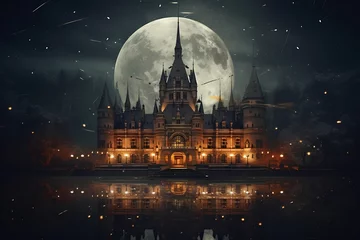 Fotobehang castle in gothic style at night with moon light © Wipada