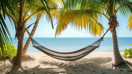 An Empty Hammock Strung Between Palm Trees on a Peaceful Beach