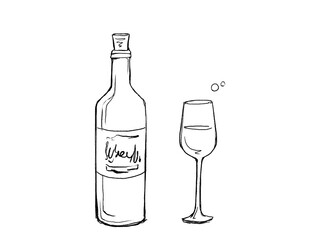 ワインボトルとグラス（中身あり）のラフな線画イラスト