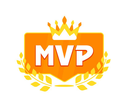 MVP - Most Valuable Player Award. Golden Crown and Laurel on Shiny Orange Badge Proclaiming