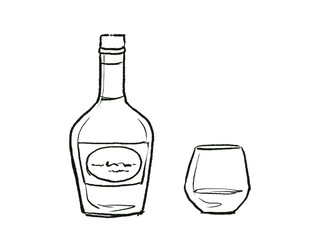 ブランデーボトルとグラス（中身あり）のラフな線画イラスト