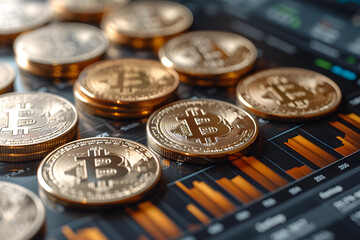 Navigating the Digital Currency Landscape,Bitcoin Coins and Data Line Charting the Scene