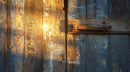 Beautiful weathered barn doors are highlighted by the golden light of the sun showcasing their rustic charm.