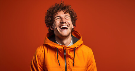 Vibrant Chuckles Man in Orange Jacket with a Burst of Laughter