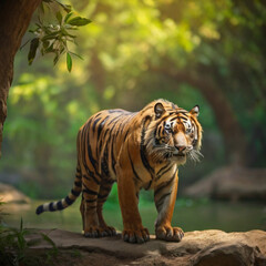Amazing tiger in the nature habitat. Tiger pose during the golden light time. Wildlife scene with danger animal.