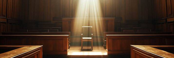 Sunlight streams into an empty courtroom highlighting the witness stand, symbolizing justice, legal concepts, and the judicial system, background with a place for text