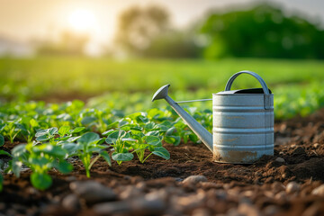Vintage watering can in a lush garden at sunset, highlighting the concept of sustainable gardening and the growth of young plants, background with a place for text