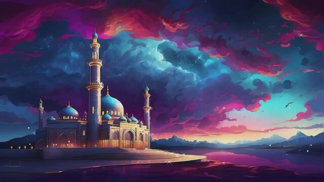 illustration of a magnificent mosque with backdrop of wavy, vibrant colored clouds