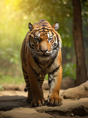 Amazing tiger in the nature habitat. Tiger pose during the golden light time. Wildlife scene with danger animal.