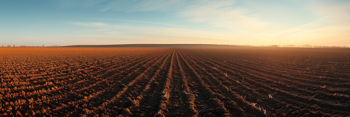 Golden hour sunlight casting long shadows over a vast, freshly plowed farmland with clear skies, ideal for agriculture and farming concepts, background with a place for text - obrazy, fototapety, plakaty