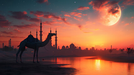 Eid Al Adha Mubarak Background with Camel and Islamic Prayer