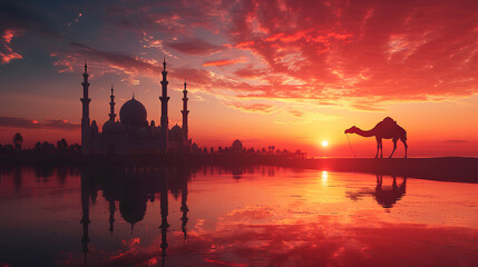 Naklejka premium eid al adha mubarak background with camel and islamic praye