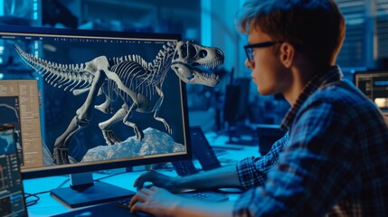 A paleontologist using a 3D modeling program to digitally reconstruct missing parts of a dinosaur skeleton. - obrazy, fototapety, plakaty