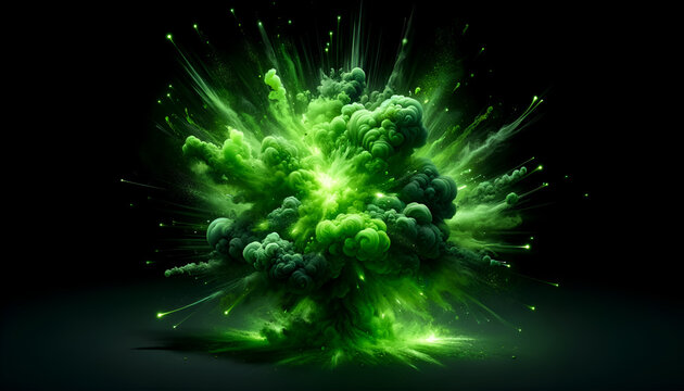 A striking toxic green explosion, captured at the peak of its eruption, radiates a hazardous beauty against a stark black backdrop.
Generative AI.