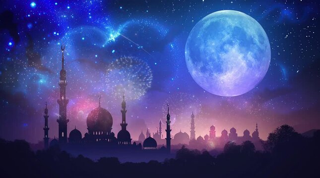 Silhouette of Mosque Illuminated by Fireworks: Celebration of Faith and Unity Seamless looping 4k time-lapse virtual video animation background. Generated AI