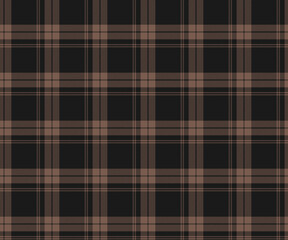 Plaid fabric pattern, black, brown, seamless background for textile design, clothing, skirt, pants or decorative fabric. Vector illustration.