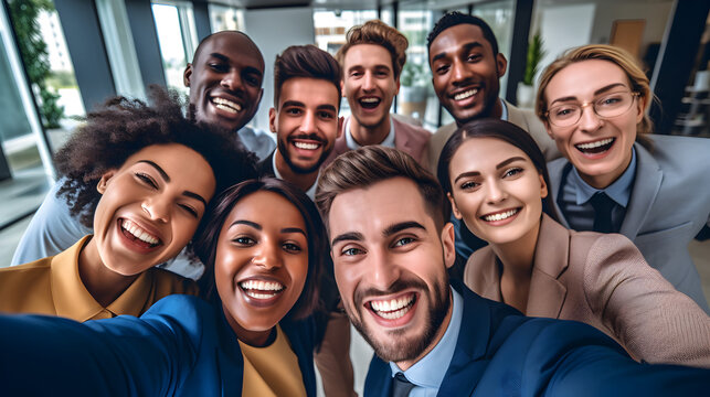 A diverse and dynamic corporate team collaborates and innovates in a vibrant office setting, promoting success and teamwork, good vibes and smiling to the camera