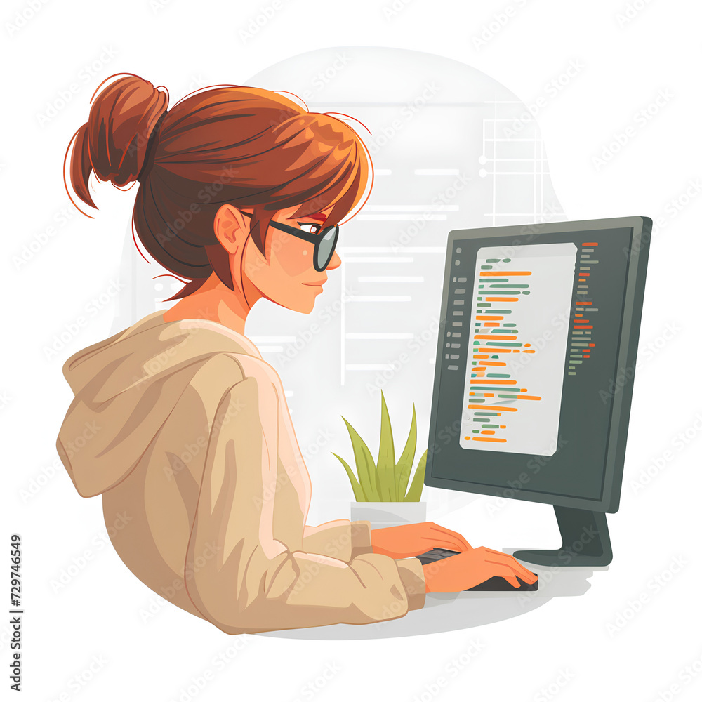 Poster female programmer working on coding project, white background