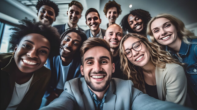 A diverse and dynamic corporate team collaborates and innovates in a vibrant office setting, promoting success and teamwork, good vibes and smiling to the camera