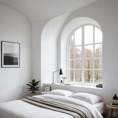 Minimalistic Bedroom Interior - Reflective Surfaces and Soft Natural Light in Scandinavian-Inspired Setting Gen AI