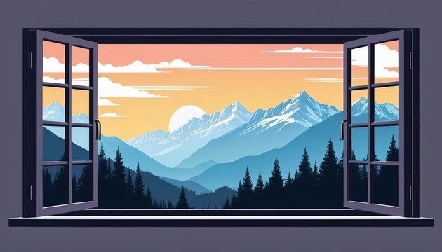 Flat Design Vector Illustration of Open Window with Mountain View