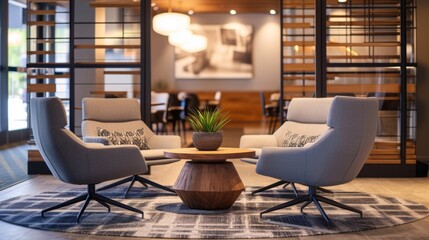 Embrace comfort and style in our lounge with cozy oversized chairs warm wood accents and soft ambient lighting ideal for unwinding after a busy day at the office.