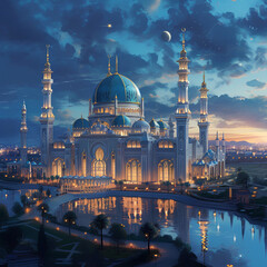 Mosques Dome on dark blue twilight sky and Crescent on background, symbol islamic religion Ramadan and free space for text arabic, Eid al-Adha, Eid al-fitr, Mubarak, Islamic new year Muharram