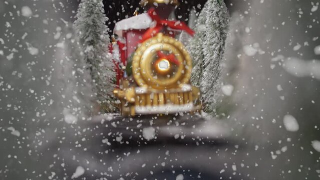 Polar express Christmas train in snow storm, slow motion