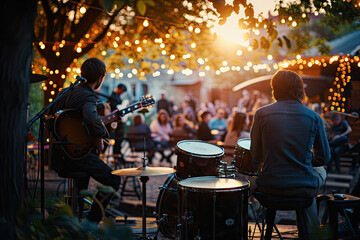 Acoustic Live Music Performance at an Outdoor Evening Venue with Festive Light - obrazy, fototapety, plakaty