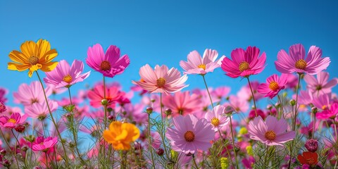 Fototapeta na wymiar Cosmos flowers under clear blue sky