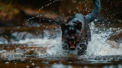 Fotobehang roar black panther in the water river © AB Design