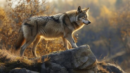 Fototapeta premium The fierce leader of the pack stands atop a rocky outcrop its claws digging into the stone as it surveys the area and gives orders to its fellow hunters.