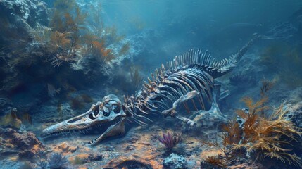 Fototapeta na wymiar The partially decayed remains of a Plesiosaur can be seen resting on the ocean floor its skeleton now providing a home for a variety of sea creatures within the bustling coral
