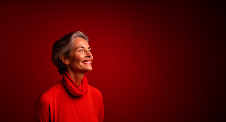 Mature woman dressed in red smiling and cheerful looks to the side. space for text on a red background