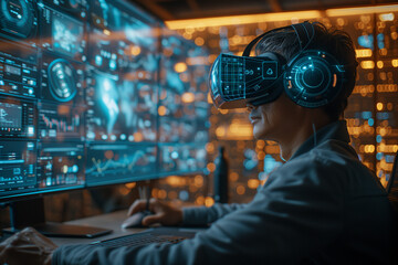 A Man Wearing a VR Headset While Sitting in Front of a Computer, surrounded by Digital Information.
