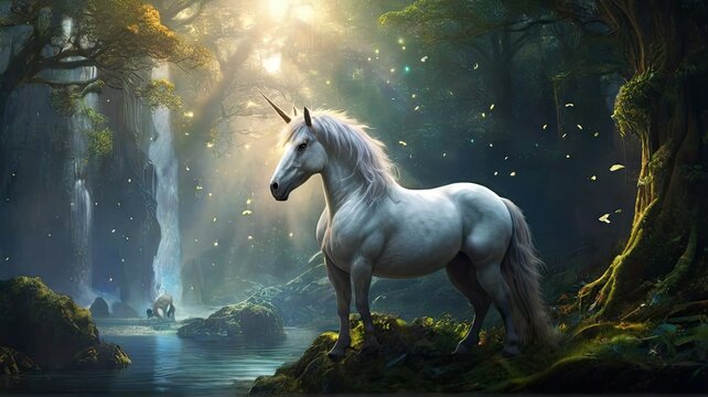 White unicorn in fantasy forest. Fairytale landscape. 3D rendering.