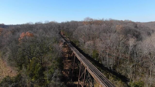 Aerial Shot Pulling Away From the End of the Pope Lick Railroad Trestle Where the Tracks Curve into the Forest in Louisville Kentucky