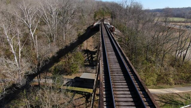 Aerial Shot Pushing Forward Along the Tracks of the Pope Lick Railroad Trestle in Louisville Kentucky on a Sunny Winter Day
