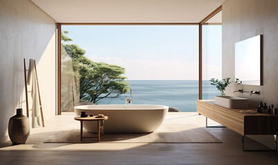 Modern bathroom interior in natural colors with panoramic windows and nature forest view. AI generated