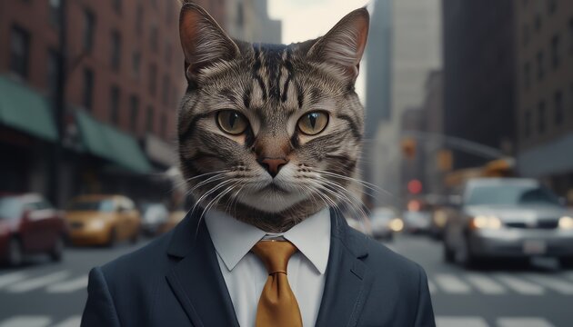 Cat man dressed in dark blue suit and red tie. businessman on Wall Street. concept for marketing king and broker, advertising or artistic purposes.

