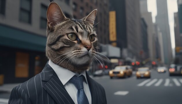 Cat man dressed in dark blue suit and red tie. businessman on Wall Street. concept for marketing king and broker, advertising or artistic purposes.

