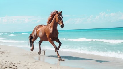 Majestic horse gallops freely on the sandy beach, waves crashing in the background, Ai Generated.