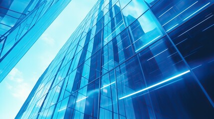 Low angle transparent blue glass wall office building - obrazy, fototapety, plakaty