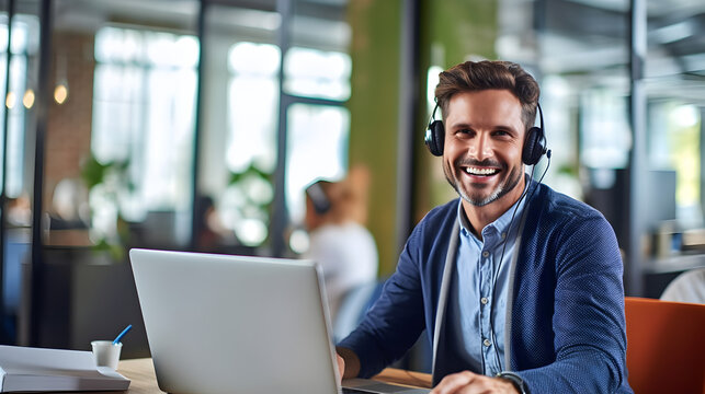 A diligent call center professional, efficiently managing customer queries with a smile and advanced technology in a modern contemporary office