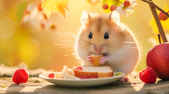 Adorable hamster nibbles on food from a plate, its tiny paws adding charm, Ai Generated.