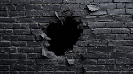A striking visual: a hole punctuates a rugged black brick wall. Ai Generated.