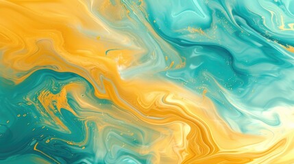 Obraz premium Fluid waves blend hues of yellow and turquoise, crafting an abstract, serene backdrop. Ai Generated