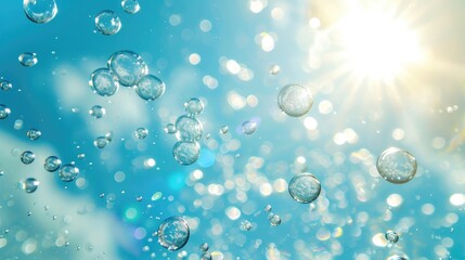 Summer's freshness captured in bubbles dancing on sunlit water against a blue sky. Ai Generated